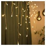 YOLIGHT Icicle Christmas Lights 13ft 96 LEDs Icicle String Lights 8 Modes Twinkle Curtain Fairy Lights, Indoor Room Patio Garden Bedroom Wedding Halloween Party Decoration (Warm White) - Retail: $14 YOLIGHT Icicle Christmas Lights 13ft 96 LEDs Icicle String Lights 8 Modes Twinkle Curtain Fairy Lights, Indoor Room Patio Garden Bedroom Wedding Halloween Party Decoration (Warm White) - Retail: $14