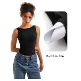 SUUKSESS Women Built in Bra Open Back Boat Neck Tank Tops Double Lined Backless Y2K Going Out Top Basic Shirt (Black,S) - Retail: $21 SUUKSESS Women Built in Bra Open Back Boat Neck Tank Tops Double Lined Backless Y2K Going Out Top Basic Shirt (Black,S) - Retail: $21