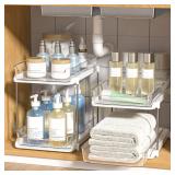 Delamu 2-Tier Multi-Purpose Bathroom Under Sink Organizers and Storage, Stackable Kitchen Pantry Organization, Pull Out Medicine Cabinet Organizer with Movable Dividers, White, 2 Pack - Retail: $40 Delamu 2-Tier Multi-Purpose Bathroom Under Sink Organizers and Storage, Stackable Kitchen Pantry Organization, Pull Out Medicine Cabinet Organizer with Movable Dividers, White, 2 Pack - Retail: $40