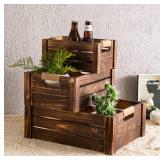 TIMRIS Set of 3 Rustic Wood Nesting Crates, Farmhouse Wooden Storage Container Boxes with Cutout Handles, Decorative Wooden Baskets for Display (Rustic Brown) - Retail: $40 TIMRIS Set of 3 Rustic Wood Nesting Crates, Farmhouse Wooden Storage Container Boxes with Cutout Handles, Decorative Wooden Baskets for Display (Rustic Brown) - Retail: $40