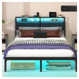 FACTORY SEALED - J.Fkne Queen Bed Frame with LED Lights & Charging Station, Metal Platform Bed Frame with 2 Tier Storage Headboard, Under Bed Storage, No Box Spring Needed, Noise Free, Easy Assembly  