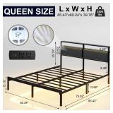 FACTORY SEALED - J.Fkne Queen Bed Frame with LED Lights & Charging Station, Metal Platform Bed Frame with 2 Tier Storage Headboard, Under Bed Storage, No Box Spring Needed, Noise Free, Easy Assembly  