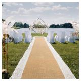 Preboun 3ft x 100 ft (approx) Natural Burlap Wedding Runner Aisle Outdoor for Wedding Ceremony Wide Aisle Runner with Lace Jute Rustic Burlap Decorations Outdoor Beach Garden Church  - Retail: $111