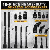 APPEARS NEW - 18-Pieces Impact Socket Extension Set: 1/4, 3/8" & 1/2" Drive Socket Extension Bar, Socket Adapter Set, Swivel Universal Joints & Impact Coupler