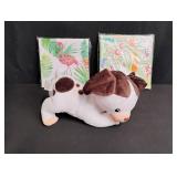 Brown and White Spotted Plush Dog with Tropical Print Gift Wrap