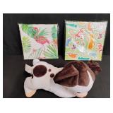 Brown and White Spotted Plush Dog with Tropical Print Gift Wrap