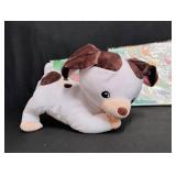 Brown and White Spotted Plush Dog with Tropical Print Gift Wrap