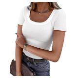 ANRABESS Women Short Sleeve Tops Scoop Neck Ribbed Knit Slim Fitted Basic Tee Shirts Casual Summer Clothes 2025 Fall Outfits White Medium - Retail: $15 ANRABESS Women Short Sleeve Tops Scoop Neck Ribbed Knit Slim Fitted Basic Tee Shirts Casual Summer Clothes 2025 Fall Outfits White Medium - Retail: $15