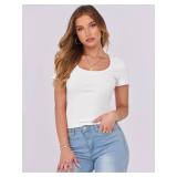 ANRABESS Women Short Sleeve Tops Scoop Neck Ribbed Knit Slim Fitted Basic Tee Shirts Casual Summer Clothes 2025 Fall Outfits White Medium - Retail: $15 ANRABESS Women Short Sleeve Tops Scoop Neck Ribbed Knit Slim Fitted Basic Tee Shirts Casual Summer Clothes 2025 Fall Outfits White Medium - Retail: $15