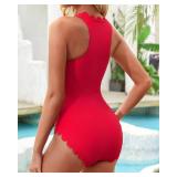 Charmo Ribbed Scalloped Swimsuit for Women Zipper Retro High Neck One Piece Slimming Bathing Suit Lap Swimwear Red M - Retail: $38 Charmo Ribbed Scalloped Swimsuit for Women Zipper Retro High Neck One Piece Slimming Bathing Suit Lap Swimwear Red M - Retail: $38