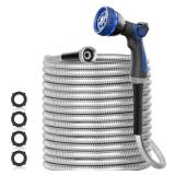 SPECILITE 50ft 304 Stainless Steel Garden Hose Metal, Heavy Duty Water Pipe with Nozzles for Yard, Outdoor - Flexible, Never Kink and Tangle, Puncture Resistant (Sliver) - Retail: $36 SPECILITE 50ft 304 Stainless Steel Garden Hose Metal, Heavy Duty Water Pipe with Nozzles for Yard, Outdoor - Flexible, Never Kink and Tangle, Puncture Resistant (Sliver) - Retail: $36