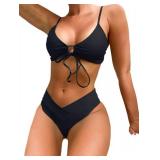 Meetall Black High Cut Triangle Bikini Set Swimsuits for Women Sexy Cheeky String Brazilian Bathing Suits Two Piece Size M - Retail: $33 Meetall Black High Cut Triangle Bikini Set Swimsuits for Women Sexy Cheeky String Brazilian Bathing Suits Two Piece Size M - Retail: $33