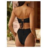 ZAFUL Women Strapless Textured Bandeau Bikini 2 Piece Swimwear Cheeky Solid Lace up Bathing Suits Large - Retail: $15 ZAFUL Women Strapless Textured Bandeau Bikini 2 Piece Swimwear Cheeky Solid Lace up Bathing Suits Large - Retail: $15