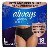 Always Discreet Boutique Incontinence and Postpartum Underwear for Women, Maximum Protection, Large, Black, 18 Count - Retail: $21 Always Discreet Boutique Incontinence and Postpartum Underwear for Women, Maximum Protection, Large, Black, 18 Count - Retail: $21