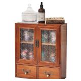 Geometric Motif Mahogany Storage Cabinet with Floral-Embossed Pressed Glass Doors  Victoria Floral Patterned Display Cupboard with 2 Drawers for Kitchen, Pantry and Countertop Organization - Retail: Geometric Motif Mahogany Storage Cabinet with Floral-Embossed Pressed Glass Doors  Victoria Floral Patterned Display Cupboard with 2 Drawers for Kitchen, Pantry and Countertop Organization - Retail: