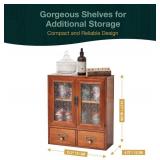 Geometric Motif Mahogany Storage Cabinet with Floral-Embossed Pressed Glass Doors  Victoria Floral Patterned Display Cupboard with 2 Drawers for Kitchen, Pantry and Countertop Organization - Retail: Geometric Motif Mahogany Storage Cabinet with Floral-Embossed Pressed Glass Doors  Victoria Floral Patterned Display Cupboard with 2 Drawers for Kitchen, Pantry and Countertop Organization - Retail: