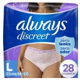 Always Discreet Adult Incontinence Underwear for Women and Postpartum Underwear, Large, Up to 100percent Bladder Leak Protection, 28 Count - Retail: $19 Always Discreet Adult Incontinence Underwear for Women and Postpartum Underwear, Large, Up to 100percent Bladder Leak Protection, 28 Count - Retail: $19