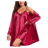 Escallier Two Piece Red Satin Nightgown and Robe, L Escallier Two Piece Red Satin Nightgown and Robe, L