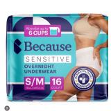Because Sensitive Overnight Underwear S/M 16 Count - Retail: $15 Because Sensitive Overnight Underwear S/M 16 Count - Retail: $15