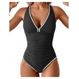 B2PRITY Black One-Piece Swimsuit with White Trim size large  - Retail: $25 B2PRITY Black One-Piece Swimsuit with White Trim size large  - Retail: $25