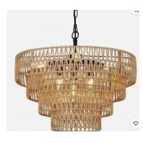 Boho Rattan Chandelier, 6-Light Dining Room Light Fixture, - Retail: $160