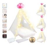 4 Pack Teepee Tent for Kids Slumber Party with Mattress,Fitted Sheet,Light String,Natural Cotton Washable Sleepover Tents for Girls Party Birthday Slumber Movie Night Supplies(White) - Retail: $186