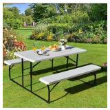 54 in. W White Rectangle Steel Folding Picnic Table Seats 4 People with Wood-like Texture - Retail: $301