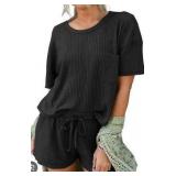 Black Ribbed Short Sleeve Lounge Set Size Lg