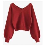 ZAFUL Womens Cropped Sweater V-Neck Long Sleeve Crop Sweater Pullover Medium