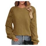 Elegant Quilted Khaki Sweater with Eyelet Sleeves- Small