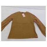 Elegant Quilted Khaki Sweater with Eyelet Sleeves- Small