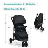 $180 Baby Jogging Stroller with Adjustable Canopy for Newborn - Black