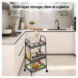 3 Tier Metal Rolling Utility Cart with Lockable Wheels, Black