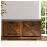$100 Brown Shoe Bench with Storage, 2 Flip Drawers and Seat Cushion