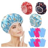 3PC Reusable Shower Caps & 3 Pairs Exfoliating Bath Gloves