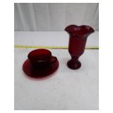 Vintage Ruby Red Glass Tea Cup Set with Vase