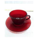 Vintage Ruby Red Glass Tea Cup Set with Vase