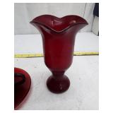Vintage Ruby Red Glass Tea Cup Set with Vase
