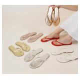 EMMA NEW YORK Summer Sandals Flip Flops for Women Vegan Leather Thong Trendy 2025 Dressy Cute Silver-9