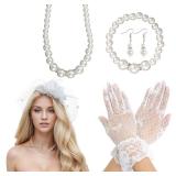 Heliltd 5Pcs Fascinators for Women Tea Party Fascinator Hat White Veil Tea Party Hats and Gloves Set for Women