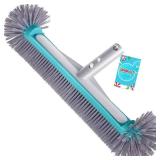 Swimming Pool Brush Head with Round Ends 17.5" Heavy Duty Aluminum Back Head for Cleans Walls, Tiles & Floors, 7 Rows Premium Nylon Bristles with EZ Clips (Blue Grey)