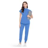 niaahinn Scrubs Set for Women Nurse Uniform Jogger Suit Stretch Top & Pants with Multi Pocket for Nurse Esthetician Workwear (Ceil, Small)