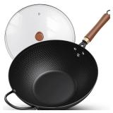 Todlabe Nonstick Wok, 13-Inch Carbon Steel Wok Pan with Glass Cover, Woks & Stir-Fry Pans for Induction, Electric, Gas, Halogen, All Stoves (Lid Bent)