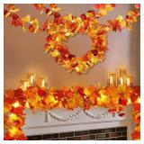 2 Pack Fall Decor Maple Leaves Garland with Lights Battery Operated Fall Thanksgiving Decorations Garland for Home Porch Front Door Table Mantle Outdoor Autumn Harvest Halloween Decor, 11.8Ft 40LED