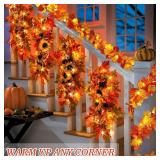2 Pack Fall Decor Maple Leaves Garland with Lights Battery Operated Fall Thanksgiving Decorations Garland for Home Porch Front Door Table Mantle Outdoor Autumn Harvest Halloween Decor, 11.8Ft 40LED