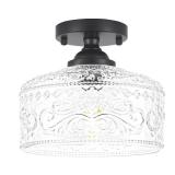 Small Semi Flush Mount Ceiling Light Fixture, Vintage Matte Black Close to Ceiling Lighting with Etched Glass Shade for Hallway, Kitchen, Entryway (Retro Design, Easy Install)