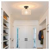 Small Semi Flush Mount Ceiling Light Fixture, Vintage Matte Black Close to Ceiling Lighting with Etched Glass Shade for Hallway, Kitchen, Entryway (Retro Design, Easy Install)