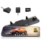 WOLFBOX G900 Rear View Mirror Camera, Mirror Dash Cam 4K Front and 2.5K Rear, Smart Full 12 Touch Screen, Backup Camera for Car, GPS, WDR, Night Vision, Included 64GB Card