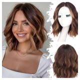 Eawwii Brown Highlight Short Wavy Wig for Women Lace Hairline Bob Style Synthetic Heat Resistant - Natural Appearance for Everyday Hairstyle 12 Inch
