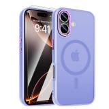 WRJ Case for iPhone 16, Magnetic Translucent Phone Case for Women Men [Compatible with Magsafe] Slim Anti-Fingerprints Shockproof Protective Cover with Screen Protector 6.1 Inch-Light Purple